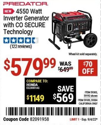 Harbor Freight Tools Predator 4550 Watt Inverter Generator with CO Secure Technology offer