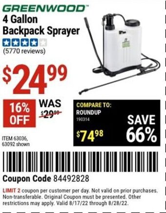 Harbor Freight Tools Greenwood 4 Gallon Backpack Sprayer offer