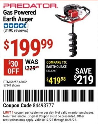 Harbor Freight Tools Predator Gas Powered Earth Auger offer