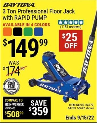 Harbor Freight Tools Daytona 3 Ton Professional Floor Jack with Rapid Pump offer