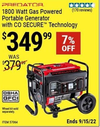 Harbor Freight Tools Predator 1800 Watt Gas Powered Portable Generator with CO Secure Technology offer
