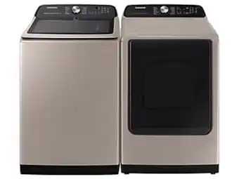 Samsung Smart top load super speed wash washer and smart steam sanitize+ gas dryer package in champagne offer