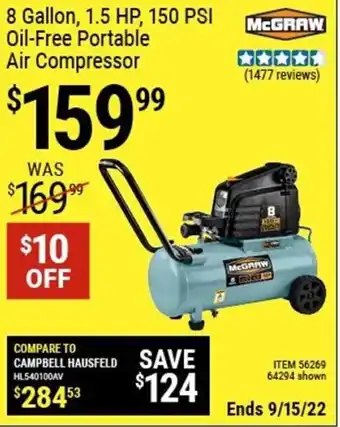 Harbor Freight Tools MacGraw 8 Gallon, 1.5 HP, 150 Psi Oil-Free Portable Air Compressor offer