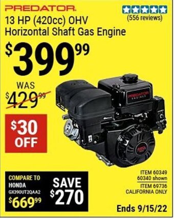 Harbor Freight Tools Predator 13 HP (420cc) OHV Horizontal Shaft Gas Engine offer