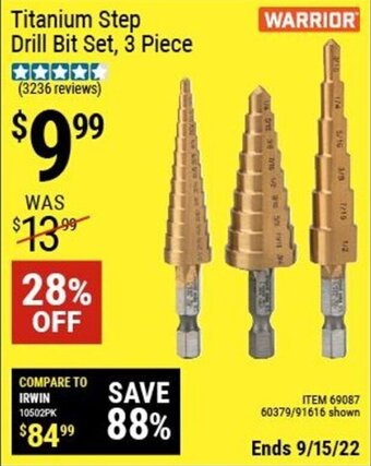 Harbor Freight Tools Warrior Titanium Step Drill Bit Set, 3 Piece offer