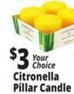 Ocean State Job Lot Citronella pillar candle offer