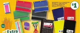 Family Dollar Spiral notebook 70 sheets, composition book, filler paper 125 ct., zipper binder pouch, pencil sharpener with eraser caps, er offer
