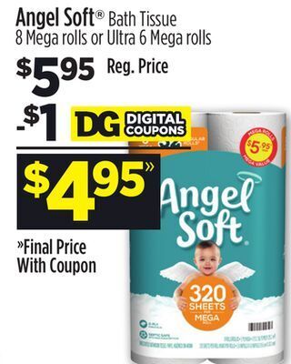 Dollar General Angel soft® bath tissue 8 mega rolls or ultra 6 mega rolls offer