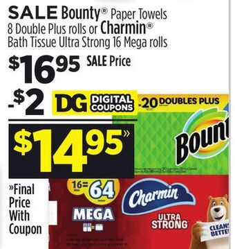 Dollar General Bounty® paper towels 8 double plus rolls or charmin® bath tissue ultra strong 16 mega rolls offer