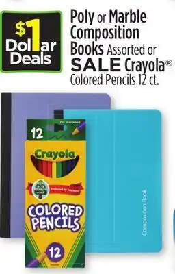 Dollar General Poly or marble composition books assorted or crayola colored pencils 12 ct offer