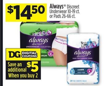 Dollar General Always® discreet underwear 10-19 ct. or pads 26-66 ct. offer
