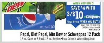 Price Chopper Pepsi, diet pepsi, mtn dew or schweppes 12 pack offer