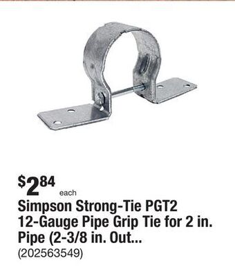 The Home Depot Simpson strong-tie pgt2 12-gauge pipe grip tie for 2 in. pipe (2-3/8 in. outside diameter) offer