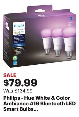 Best Buy Philips - hue white & color ambiance a19 bluetooth led smart bulbs (3-pack) - multicolor offer