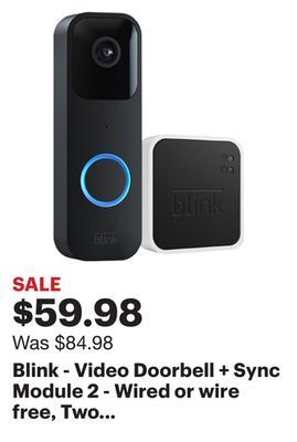 Best Buy Blink - video doorbell + sync module 2 - wired or wire free, two way audio, hd video and alexa enabled - black offer