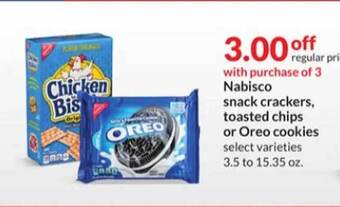 Hy-Vee Nabisco snack crackers, toasted chips or oreo cookies offer