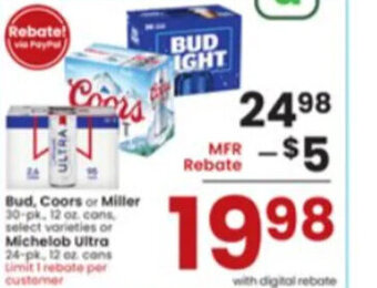Albertsons Bud, Coors, or Miller 30-pk.12 oz. cans offer