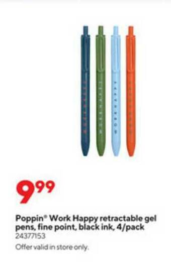 Poppin Work Happy Retractable Gel Pens, Fine Point, Black Ink, 4-Pack