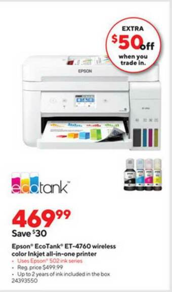 Staples Epson EcoTank ET-4760 Wireless Color Inkjet All-in-One Printer offer