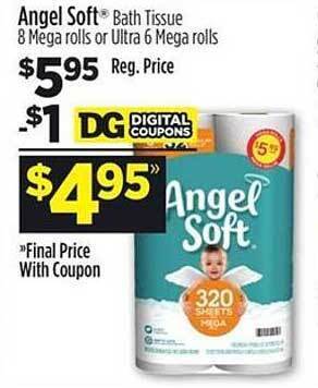 Dollar General Angel soft bath tissue 8 mega rolls or ultra 6 mega rolls offer
