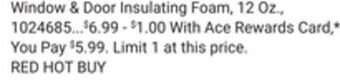 Ace Hardware Window & door insulating foam offer