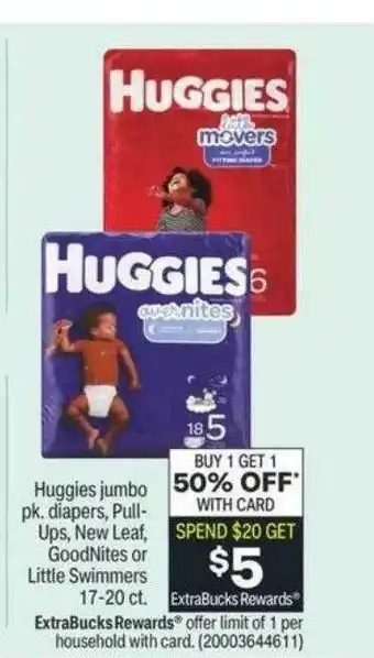 CVS Huggies jumbo pk. diapers, pull-ups, new leaf, goodnites or little swimmers offer