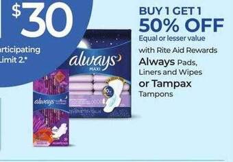 Rite Aid Always or tampax offer