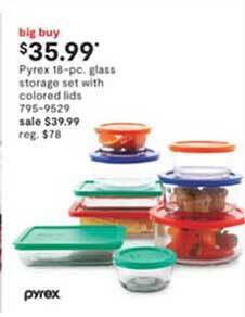 JC Penney Pyrex 18-pc glass storage set with colored lids offer