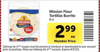 Safeway Mission flour tortillas burrito offer