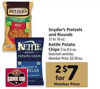 Safeway Snyder's pretzels and rounds, kettle potato chips offer