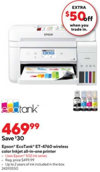 Staples Epson EcoTank ET-4760 Wireless Color Inkjet All-In-One Printer offer
