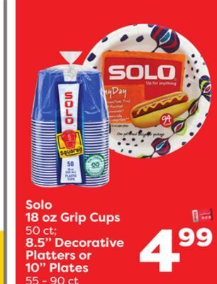 Weis Markets Solo 18 oz grip cups 50 ct 8.5" decorative platters or 10" plates 55-90 ct offer