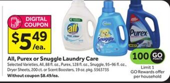 Stop&Shop All, purex or snuggle laundry care offer