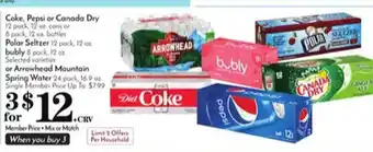 Pavilions Coke, pepsi or canada dry, polar seltzer, bubly or arrowhead mountain spring water offer