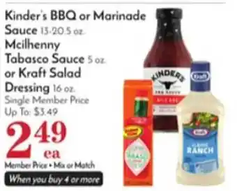 Pavilions Kinder's bbq or marinade sauce, mcilhenny tabasco sauce or kraft salad dressing offer