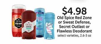 Fareway Old spice red zone or sweat defense, secret outlast or flawless deodorant offer