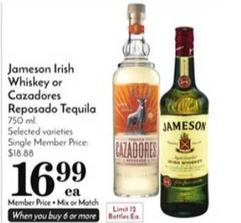 Pavilions Jameson irish whiskey or cazadores reposado tequila offer