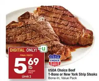 Tom Thumb Usda choice beef t-bone or new york strip steaks offer