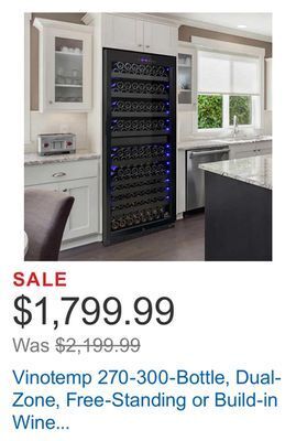Costco Vinotemp 270-300-bottle, dual-zone, free-standing or build-in wine cooler offer