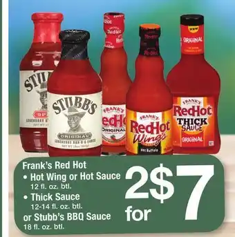 ACME Frank's red hot hot wing or hot sauce 12 fl. oz. btl., thick sauce 12-14 fl. oz. btl. or stubb's bbq sauce 18 fl. oz. btl. offer