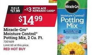 Ace Hardware Miracle-gro moisture control potting mix, 2 cu. ft. offer