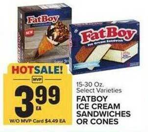 Food Lion Fatboy ice cream sandwiches or cones offer