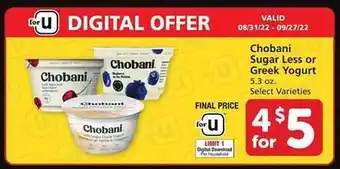 Safeway Chobani sugar less yogurt offer