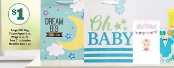 Family Dollar Large gift bag, tissue paper 8 ct., wrap 15 sq. ft., bow 7" or jumbo metallic bow 2 pk. offer