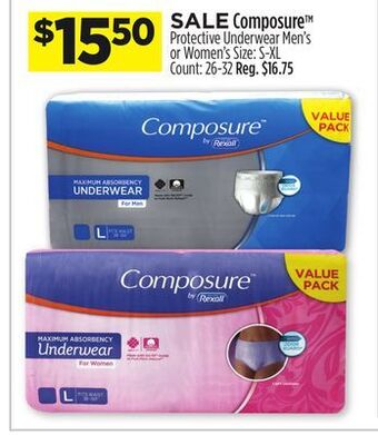 Dollar General Composure™ protective underwear men's or women's offer