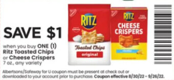 Albertsons Ritz Toasted Chips or Cheese Crispers offer