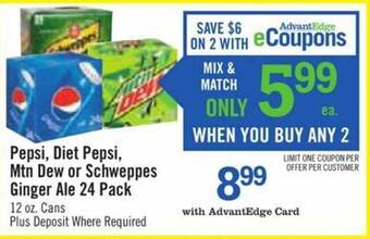 Price Chopper Pepsi, diet pepsi, mtn dew or schweppes ginger ale 24 pack offer