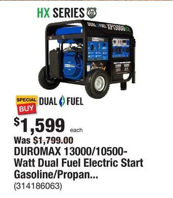 The Home Depot Duromax 13000/10500-watt dual fuel electric start gasoline/propane portable home power back up generator with co alert shutdo offer