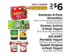 ShopRite Danimals 6-pack smoothies, dannon activia 4-pack yogurt, go-gurt, yoplait original 4-pack yogurt offer