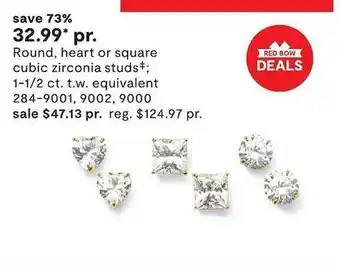 JC Penney Round heart or square cubic zirconia studs 1-1 2 ct. t.w. equivalent 284-9001 9002 9000 red bow deals offer